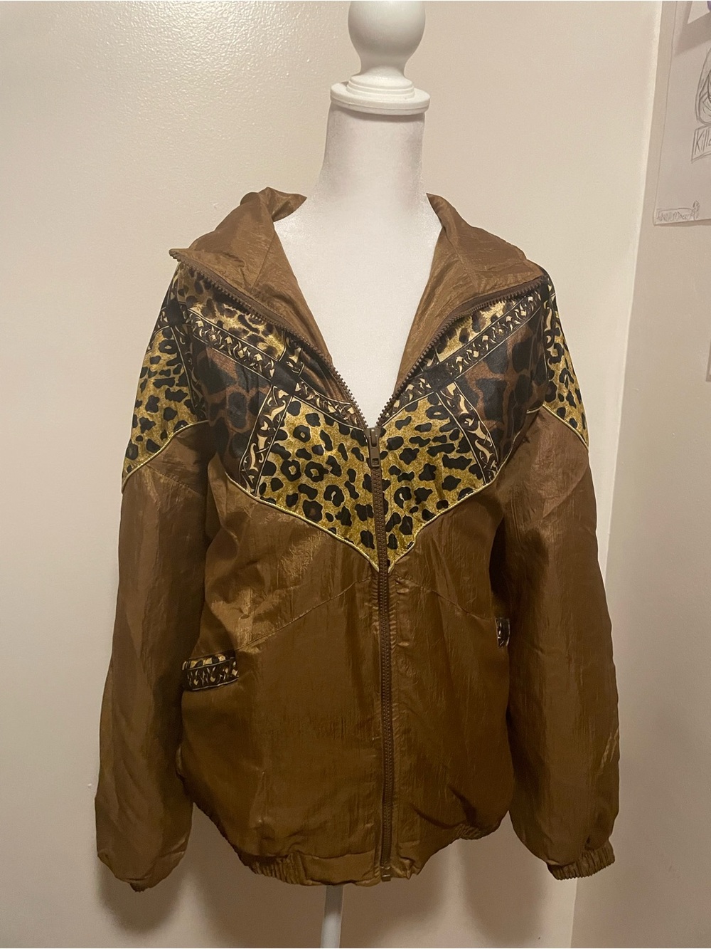 Vintage 90s Women’s Brown Leopard-Trim Bomber Jacket